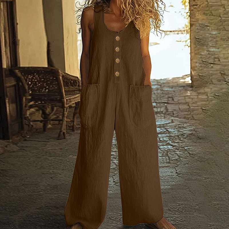Combinaison femme ample en coton et lin avec boutons décoratifs