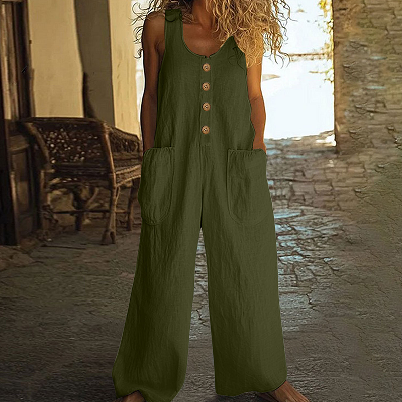 Combinaison femme ample en coton et lin avec boutons décoratifs