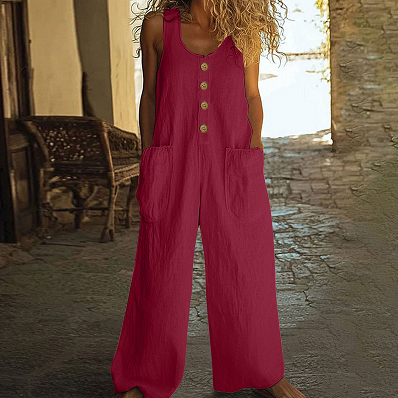 Combinaison femme ample en coton et lin avec boutons décoratifs