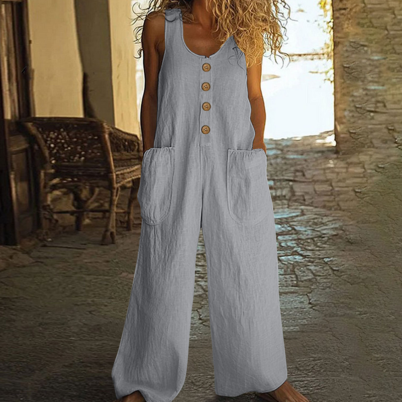 Combinaison femme ample en coton et lin avec boutons décoratifs