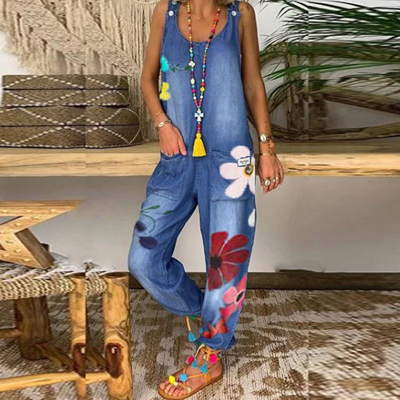 Salopette femme ample en denim à imprimé floral bohème