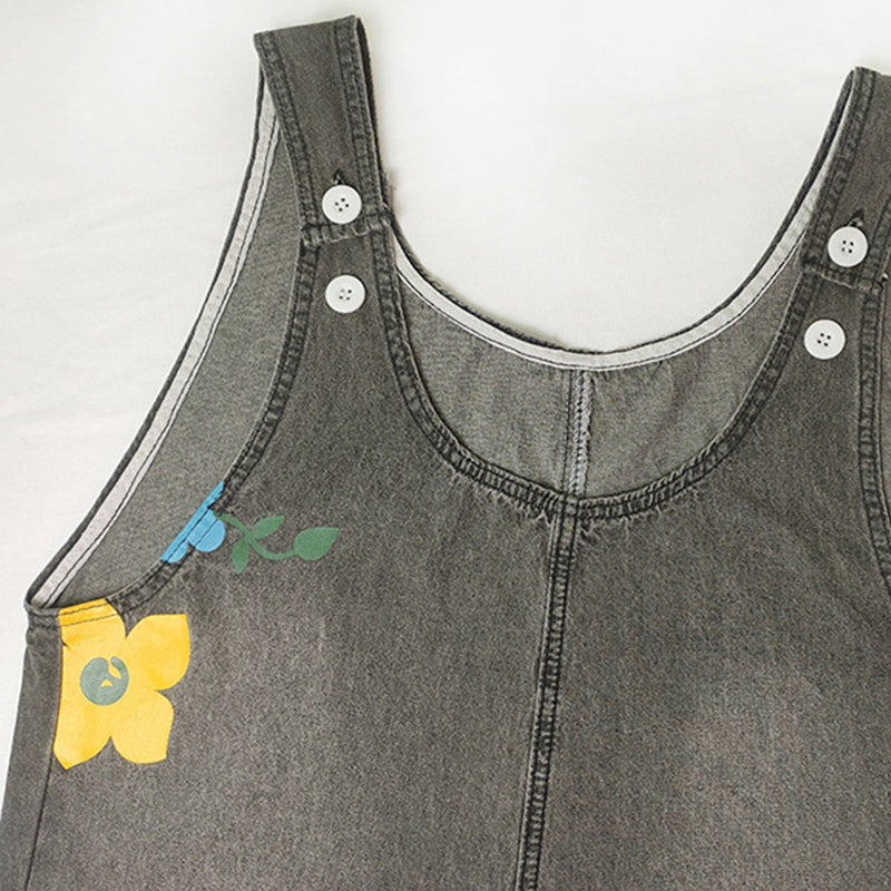 Salopette femme ample en denim à imprimé floral bohème