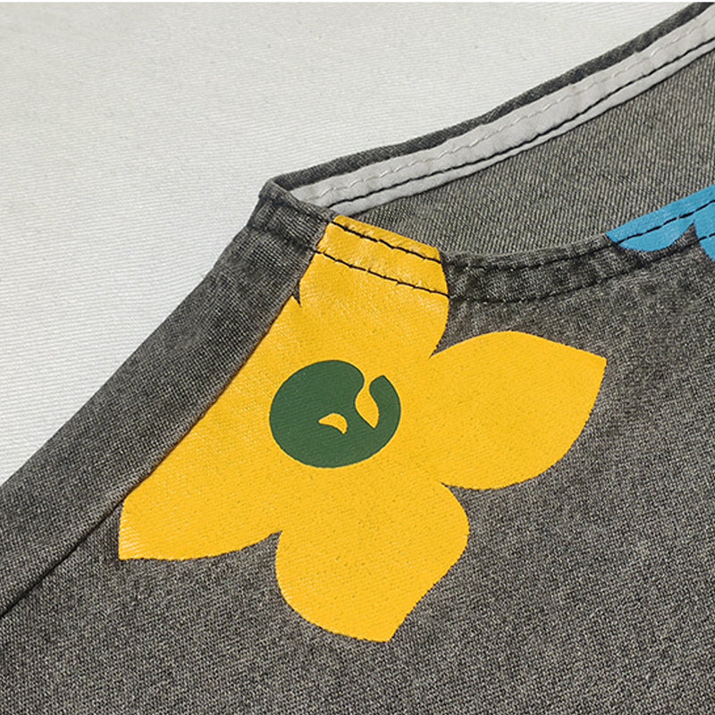 Salopette femme ample en denim à imprimé floral bohème