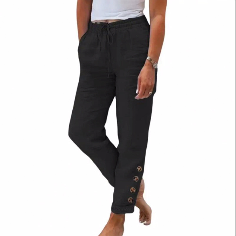 Pantalon femme en coton léger avec taille élastique et boutons décoratifs