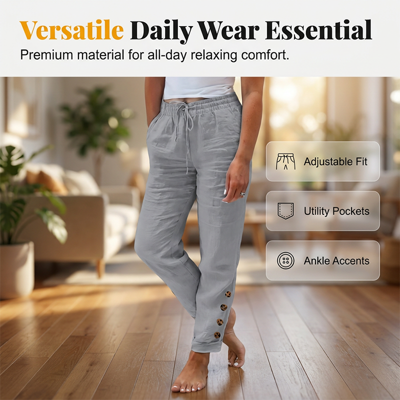 Pantalon femme en coton léger avec taille élastique et boutons décoratifs