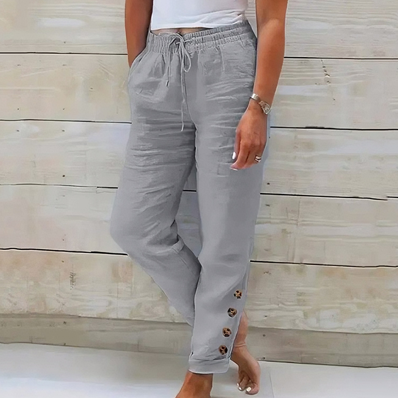 Pantalon femme en coton léger avec taille élastique et boutons décoratifs