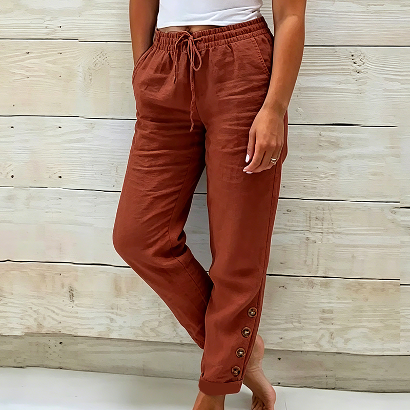 Pantalon femme en coton léger avec taille élastique et boutons décoratifs