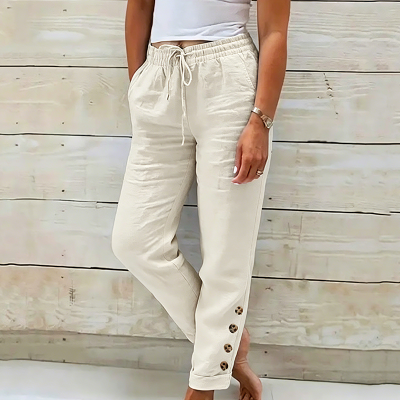 Pantalon femme en coton léger avec taille élastique et boutons décoratifs