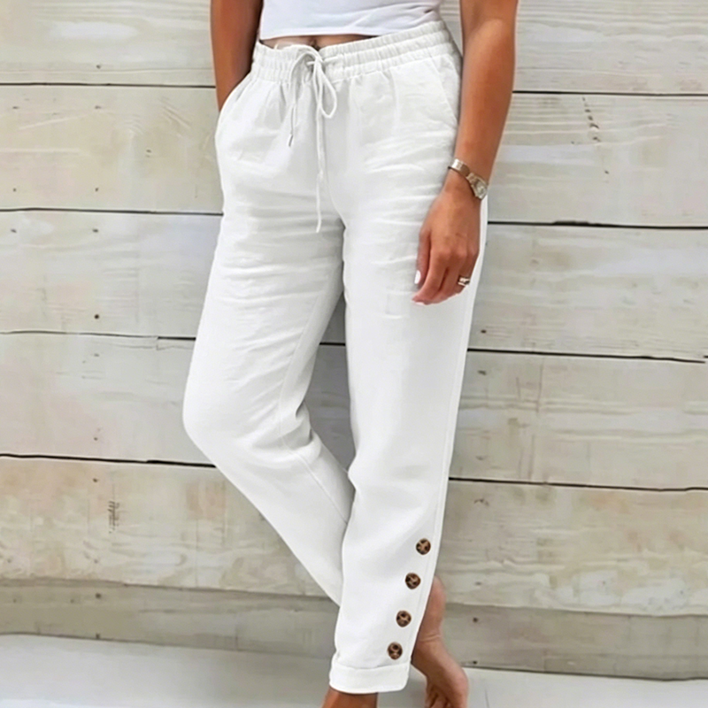 Pantalon femme en coton léger avec taille élastique et boutons décoratifs