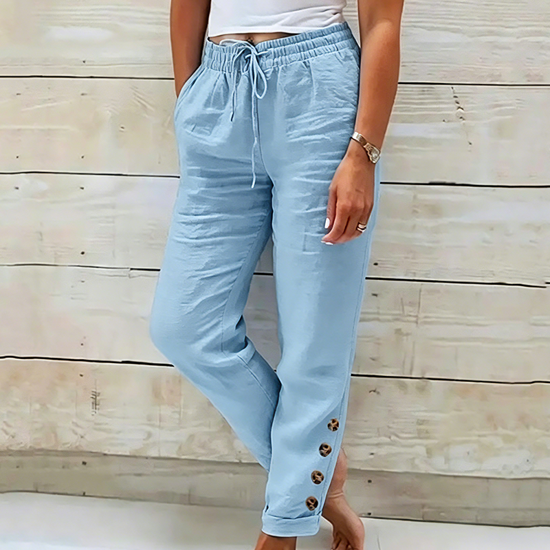 Pantalon femme en coton léger avec taille élastique et boutons décoratifs
