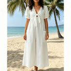 Combinaison femme à col V noué et jambes larges fluides