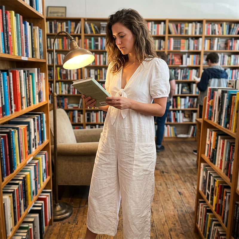 Combinaison femme à col V noué et jambes larges fluides
