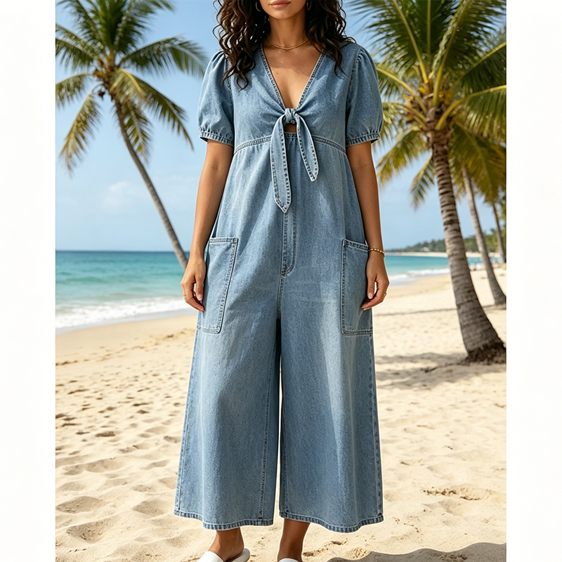 Combinaison femme à col V noué et jambes larges fluides