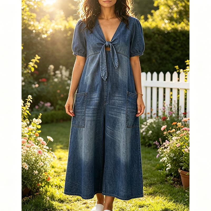 Combinaison femme à col V noué et jambes larges fluides