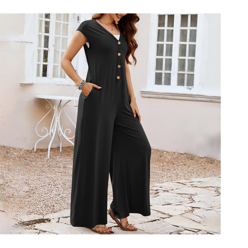 Combinaison femme à col V avec boutons et jambes larges