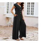 Combinaison femme à col V avec boutons et jambes larges