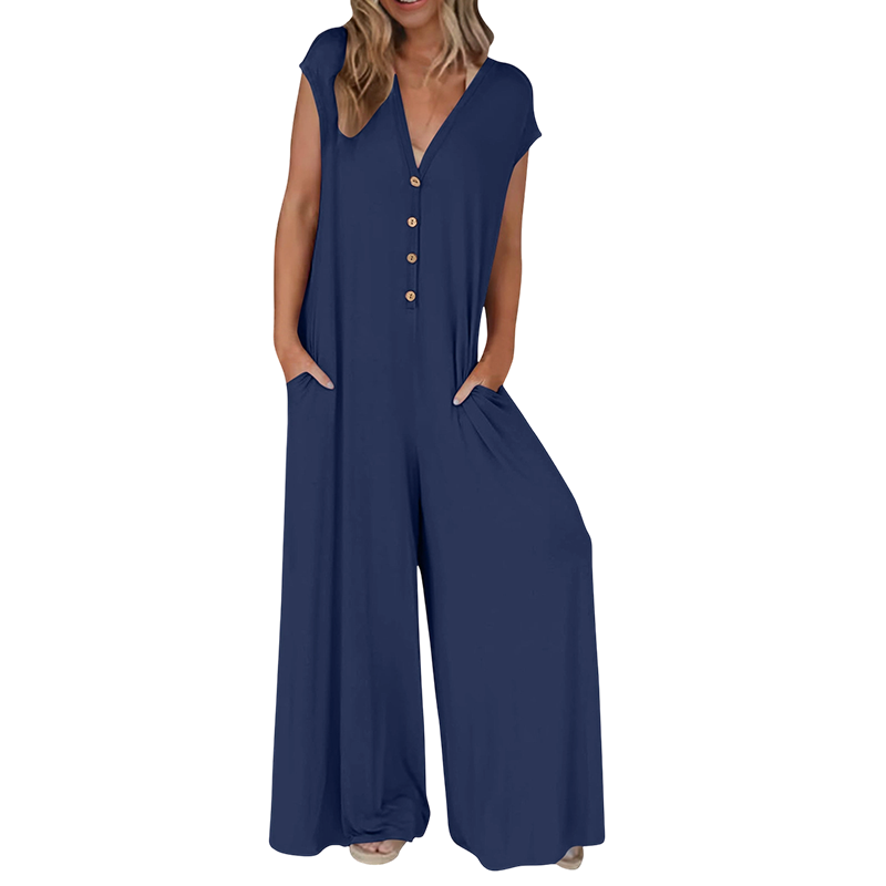 Combinaison femme à col V avec boutons et jambes larges