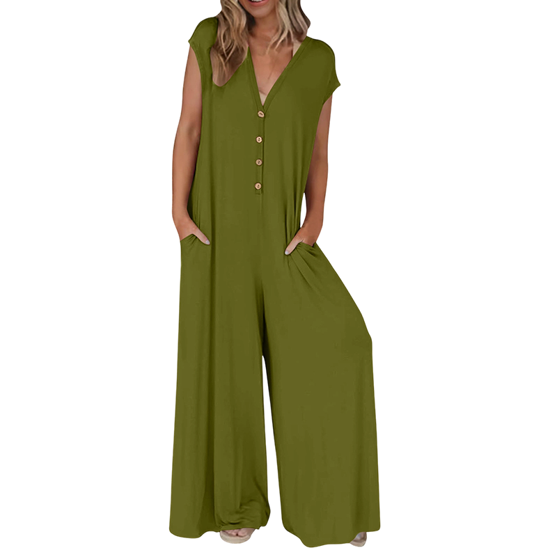 Combinaison femme à col V avec boutons et jambes larges