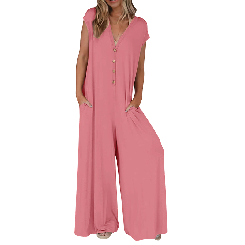 Combinaison femme à col V avec boutons et jambes larges