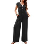 Combinaison femme à col V avec boutons et jambes larges
