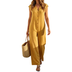Combinaison femme sans manches à boutons et jambes larges
