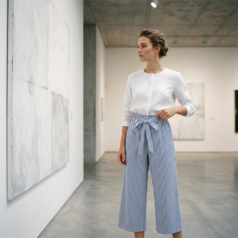Pantalon femme rayé taille haute à jambes larges