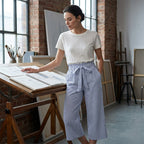 Pantalon femme rayé taille haute à jambes larges