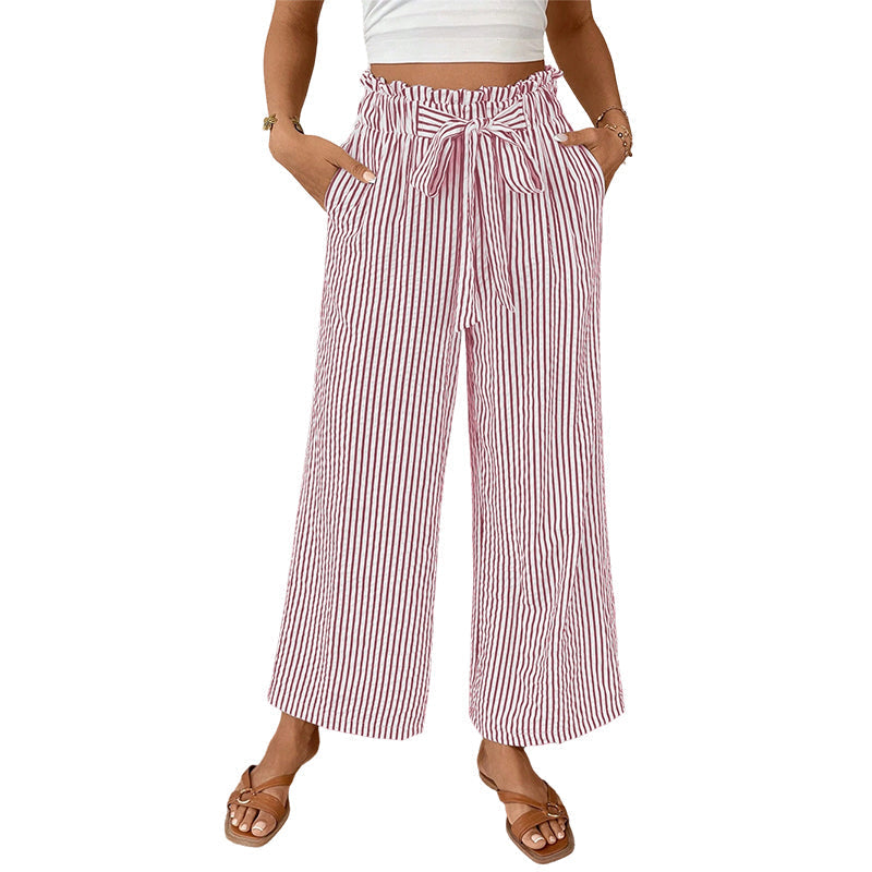 Pantalon femme rayé taille haute à jambes larges
