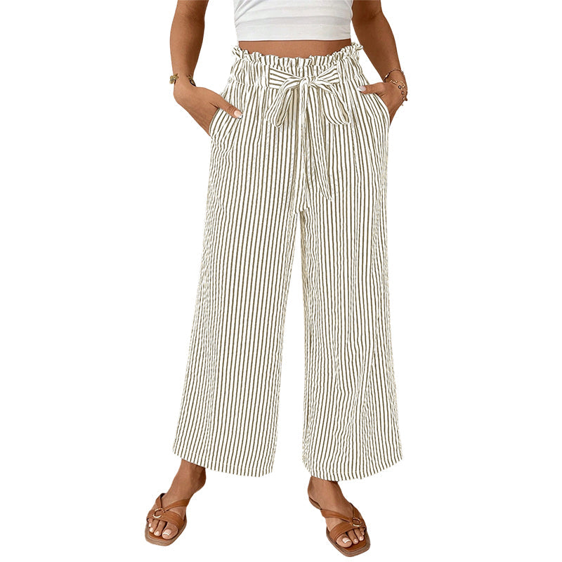 Pantalon femme rayé taille haute à jambes larges