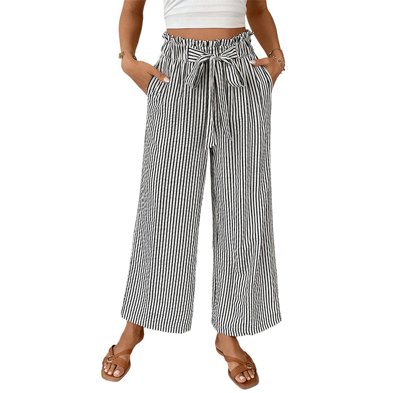 Pantalon femme rayé taille haute à jambes larges