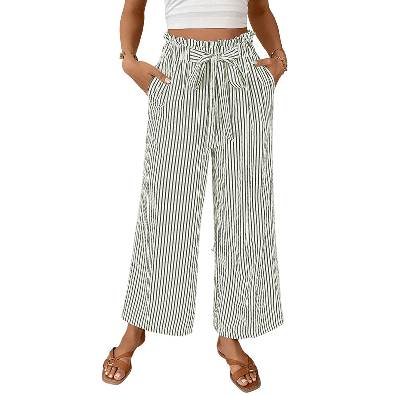 Pantalon femme rayé taille haute à jambes larges