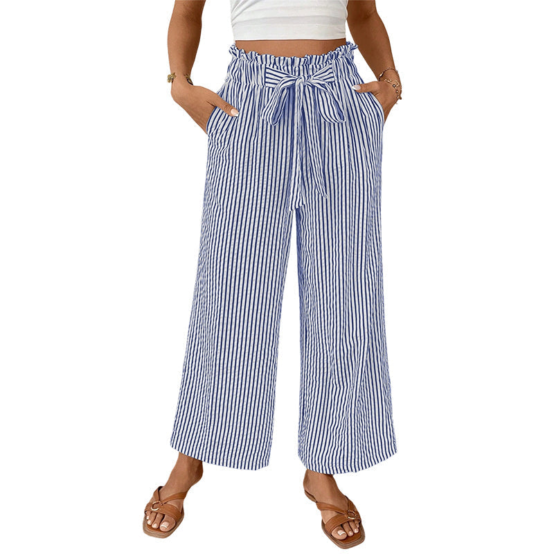 Pantalon femme rayé taille haute à jambes larges