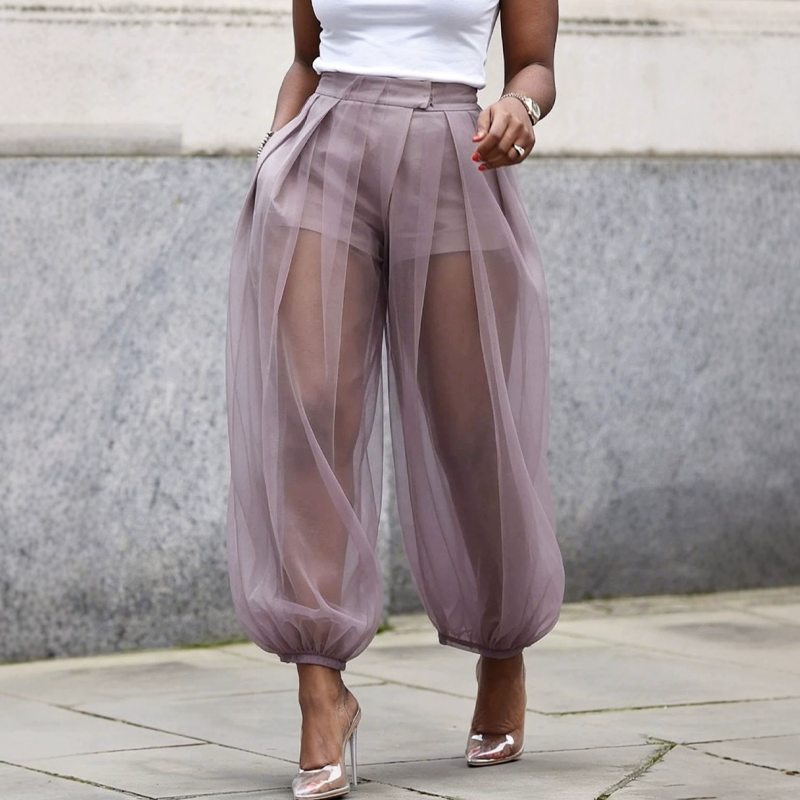 Pantalon femme transparent en mesh avec short intégré
