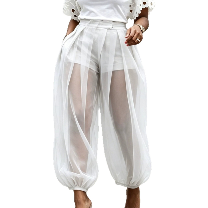 Pantalon femme transparent en mesh avec short intégré