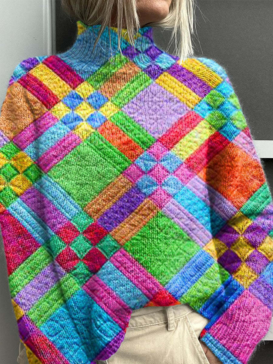 Pull col roulé en tricot épais pour femme chaud et coloré