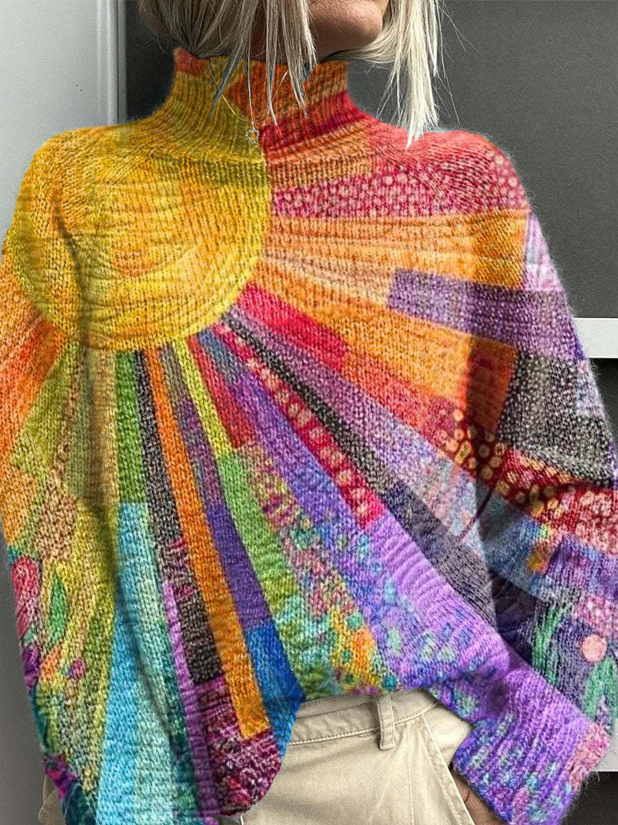 Pull col roulé en tricot épais pour femme chaud et coloré