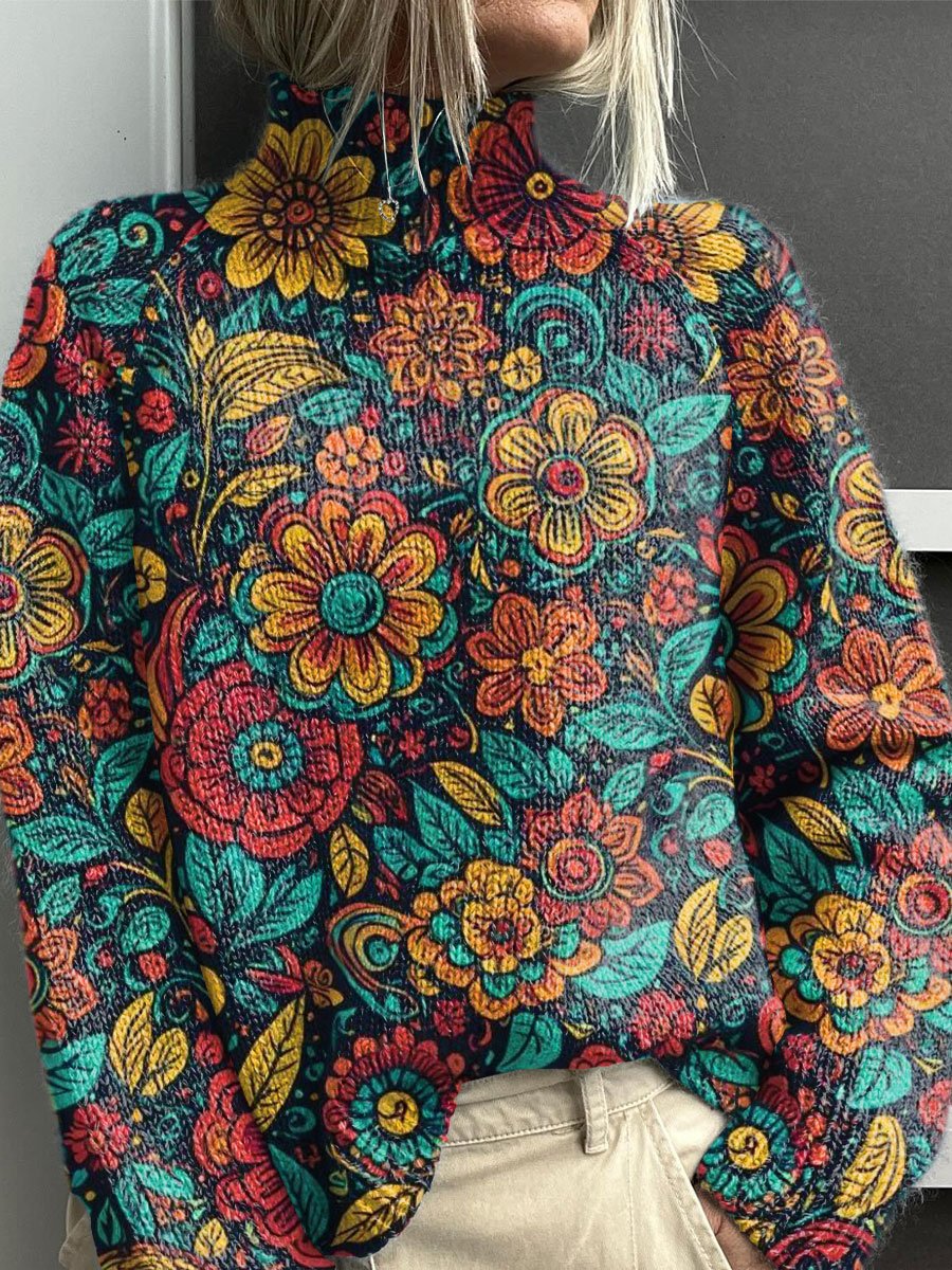 Pull col roulé en tricot épais pour femme chaud et coloré