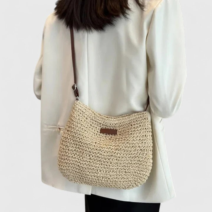 Sac à Main Femme Raphia Tressé Demi-Lune Bandoulière Cuir Boho