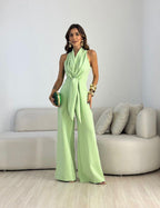 Combinaison Femme Fluide Col Drapé Taille Nouée Coupe Élégante
